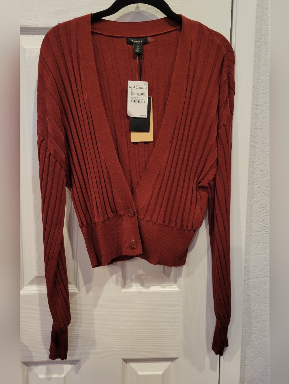Halogen Rust Red Ribbed V-Neck Button Cardigan